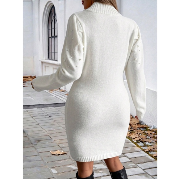 White Sweater Short Mini Dress Faux Pearl Embellished Long Sleeve - Picture 10 of 11